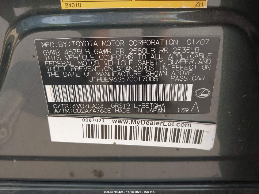 2007 Lexus Gs 350 VIN: JTHBE96S570017005 Lot: 43708425