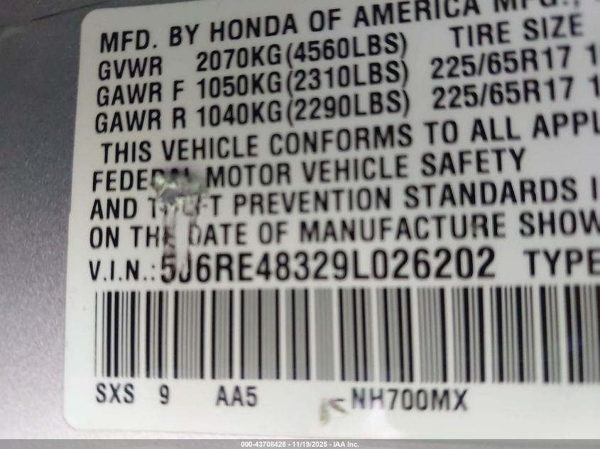 2009 Honda Cr-V Lx VIN: 5J6RE48329L026202 Lot: 43708428