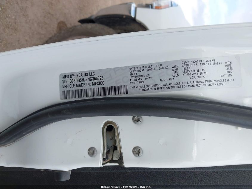 2022 Ram 2500 Tradesman 4X4 8' Box VIN: 3C6UR5HJ2NG366392 Lot: 43708476