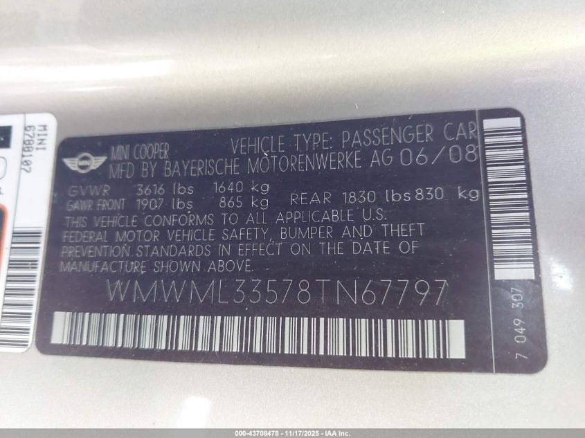 2008 Mini Cooper Clubman VIN: WMWML33578TN67797 Lot: 43708478