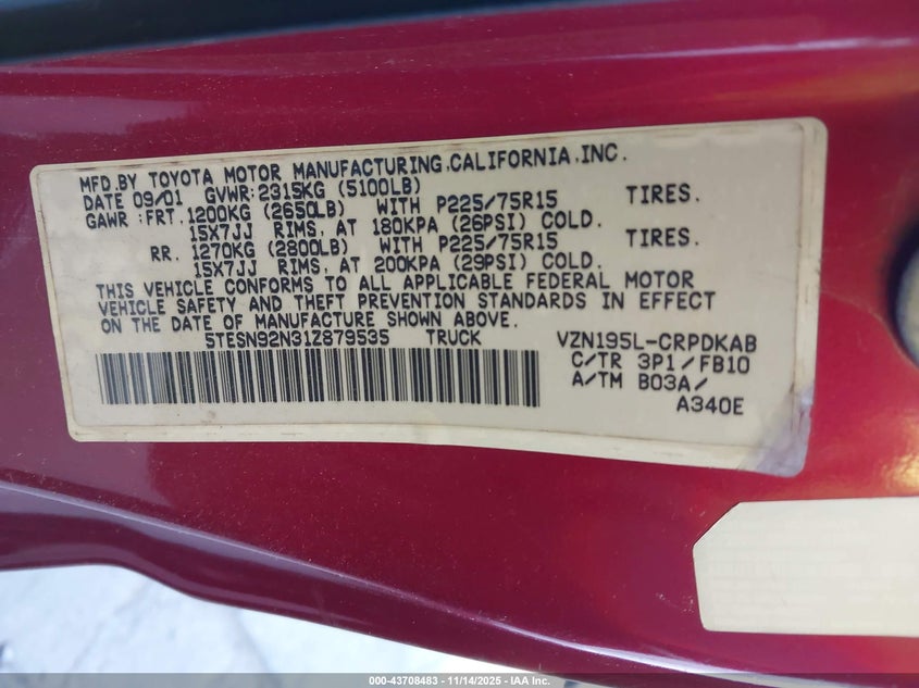 2001 Toyota Tacoma Prerunner V6 VIN: 5TESN92N31Z879535 Lot: 43708483