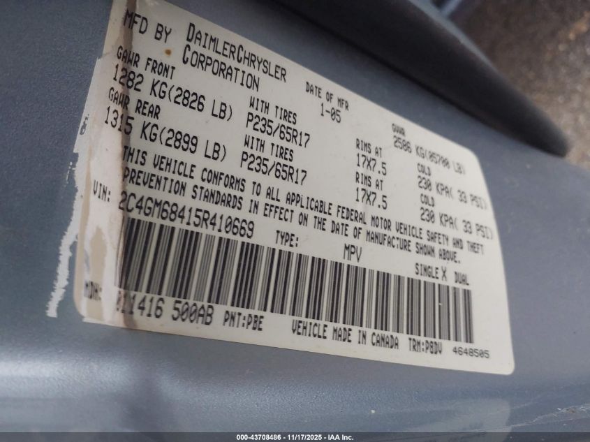 2005 Chrysler Pacifica Touring VIN: 2C4GM68415R410669 Lot: 43708486