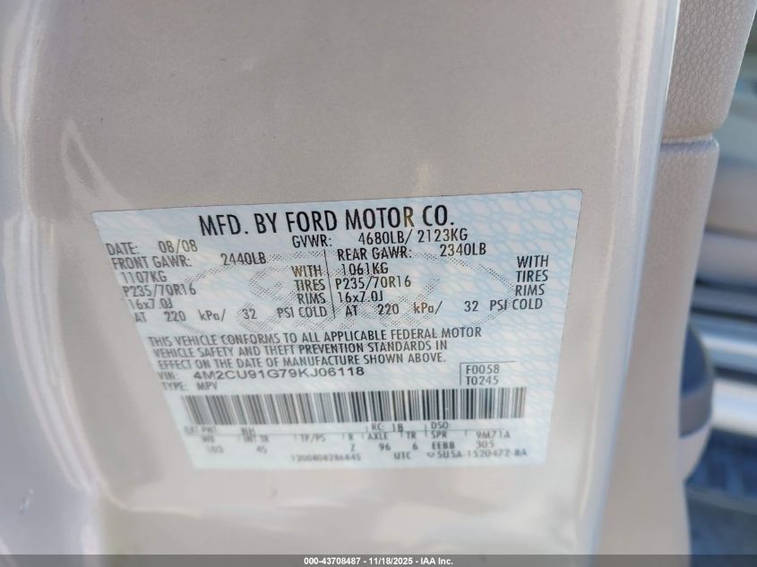 2009 Mercury Mariner V6 VIN: 4M2CU91G79KJ06118 Lot: 43708487