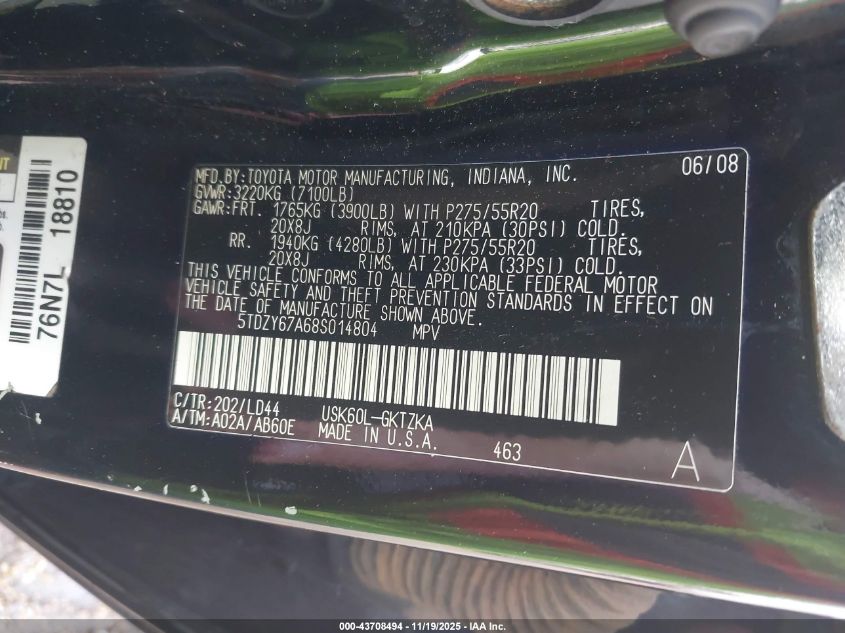 2008 Toyota Sequoia Platinum 5.7L V8 VIN: 5TDZY67A68S014804 Lot: 43708494