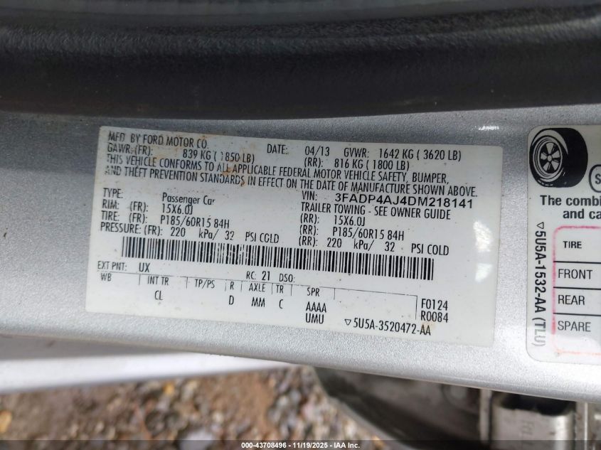 2013 Ford Fiesta S VIN: 3FADP4AJ4DM218141 Lot: 43708496