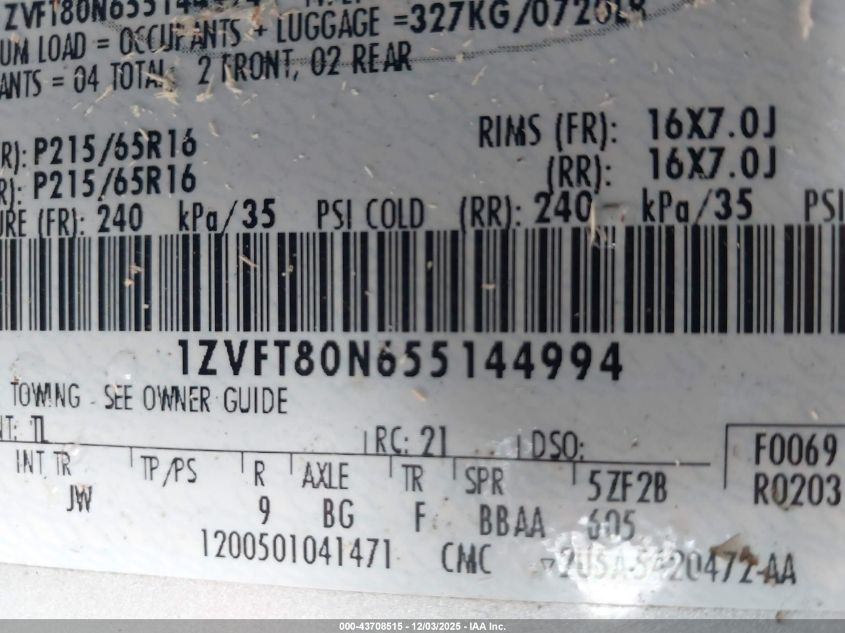 2005 Ford Mustang V6 Deluxe/V6 Premium VIN: 1ZVFT80N655144994 Lot: 43708515