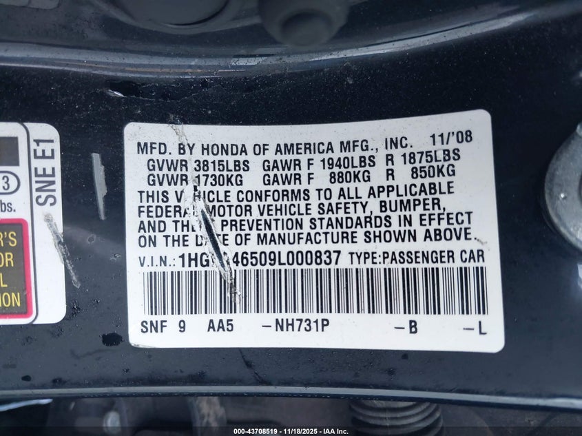 1HGFA46509L000837 2009 HONDA CIVIC photo no. 9