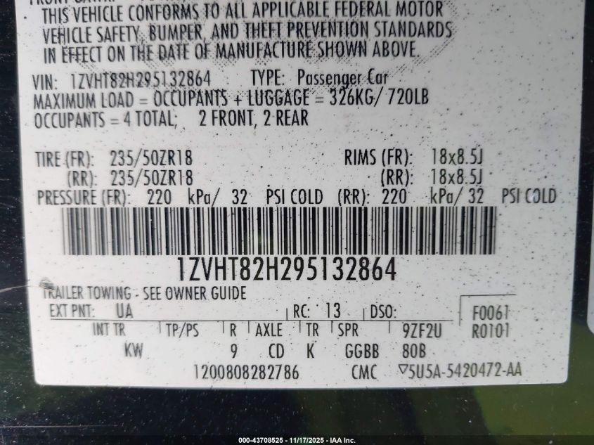 2009 Ford Mustang Gt/Gt Premium VIN: 1ZVHT82H295132864 Lot: 43708525