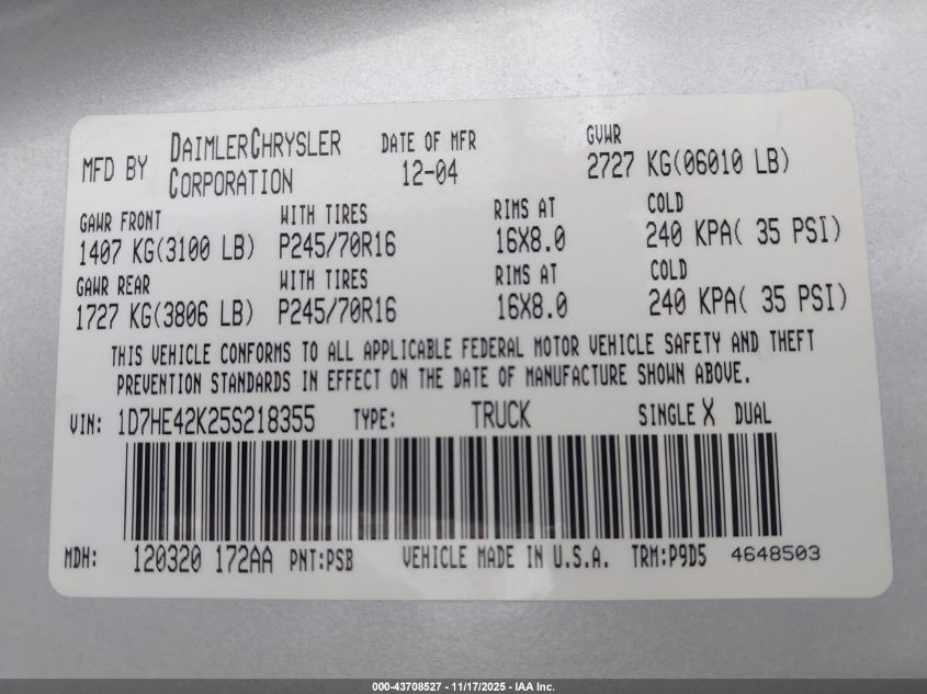 2005 Dodge Dakota Slt VIN: 1D7HE42K25S218355 Lot: 43708527