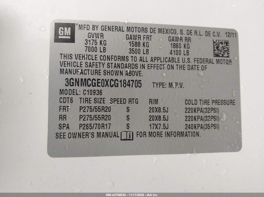 2012 Chevrolet Avalanche 1500 Ltz VIN: 3GNMCGE0XCG184705 Lot: 43708530