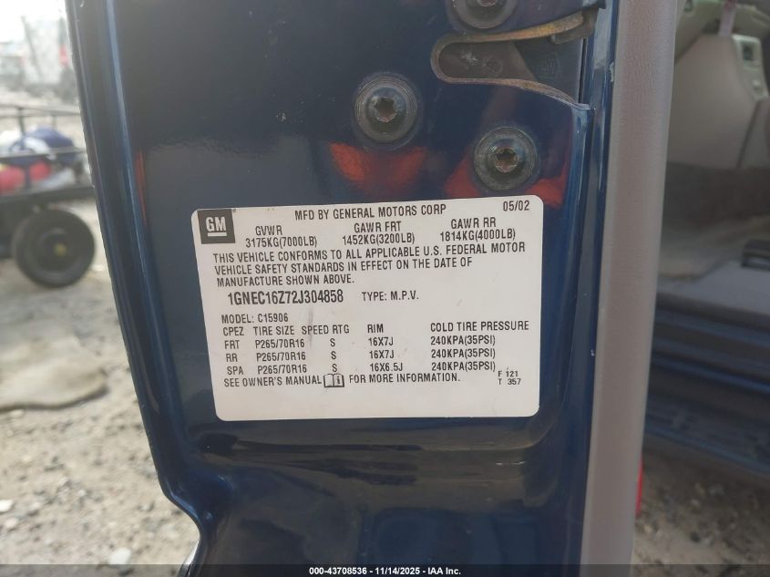 2002 Chevrolet Suburban 1500 Lt VIN: 1GNEC16Z72J304858 Lot: 43708536