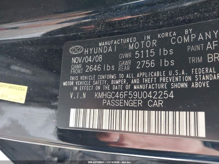 2009 Hyundai Genesis 4.6 VIN: KMHGC46F59U042254 Lot: 43708541