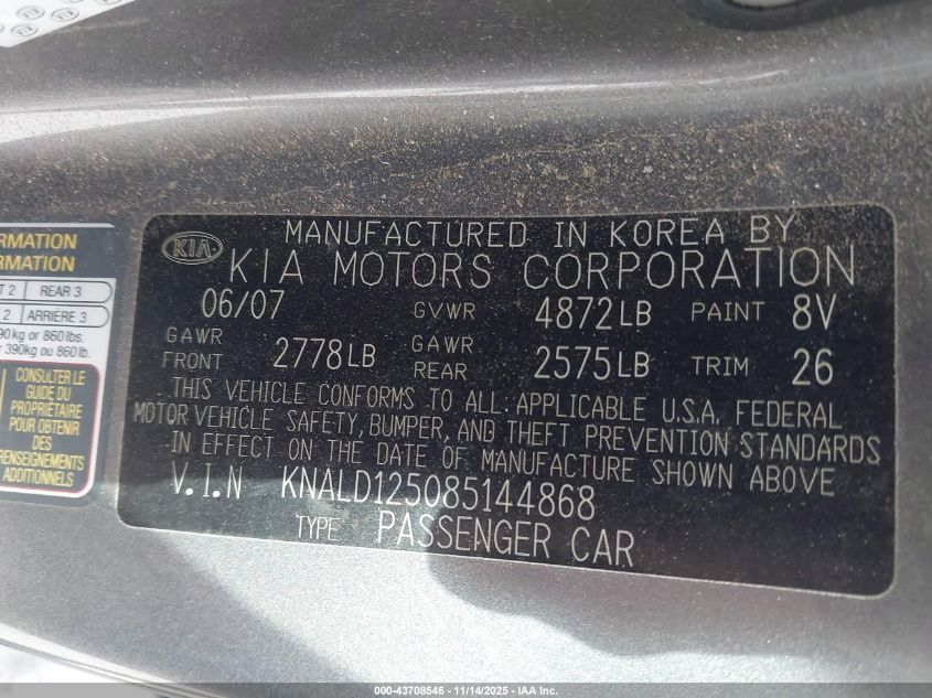 KNALD125085144868 2008 KIA AMANTI photo no. 9