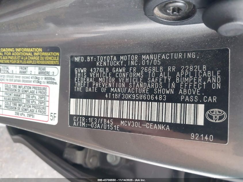 2005 Toyota Camry Le V6 VIN: 4T1BF30K95U606483 Lot: 43708550