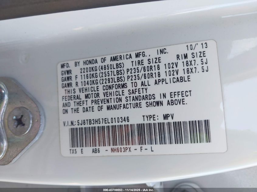 2014 Acura Rdx VIN: 5J8TB3H57EL010346 Lot: 43708553