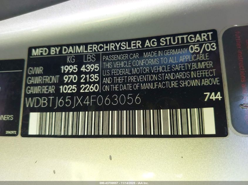 2004 Mercedes-Benz Clk 320 VIN: WDBTJ65JX4F063056 Lot: 43708557