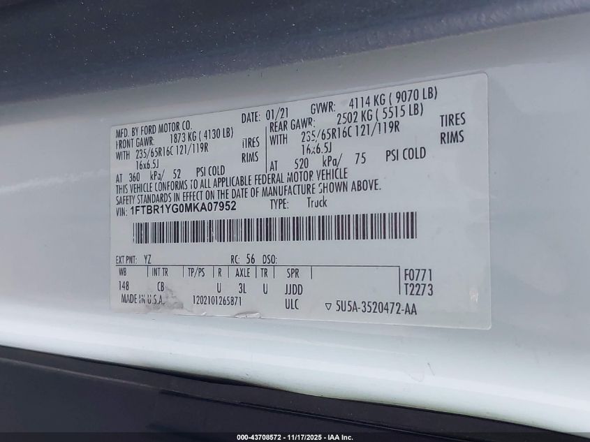 2021 Ford Transit-250 VIN: 1FTBR1YG0MKA07952 Lot: 43708572