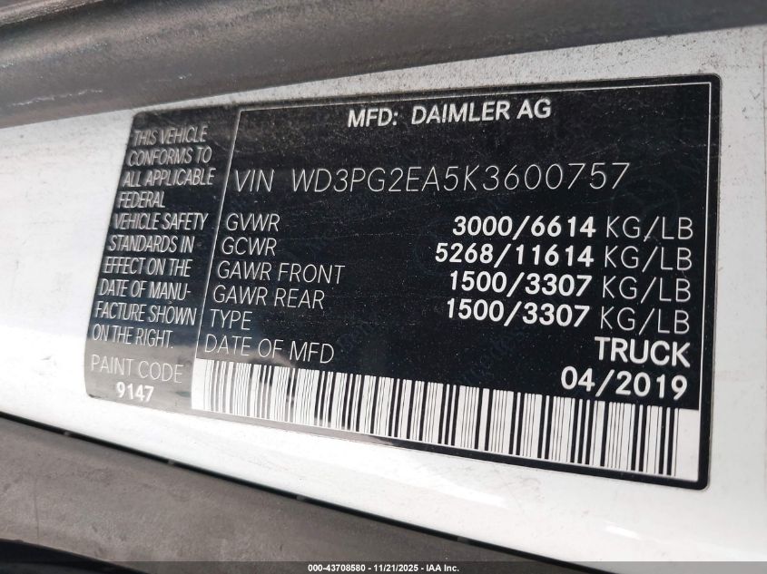 2019 Mercedes-Benz Metris VIN: WD3PG2EA5K3600757 Lot: 43708580