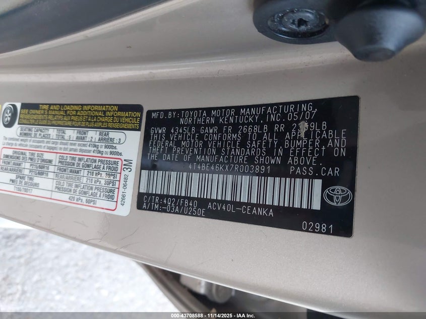 4T4BE46KX7R003891 2007 TOYOTA CAMRY photo no. 9