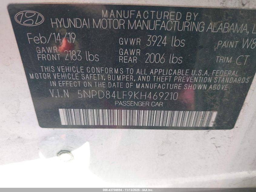 2019 Hyundai Elantra Sel VIN: 5NPD84LF9KH469210 Lot: 43708594