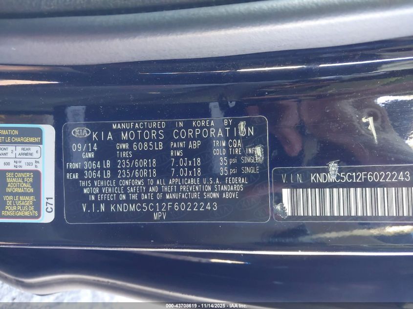 2015 Kia Sedona Ex VIN: KNDMC5C12F6022243 Lot: 43708619