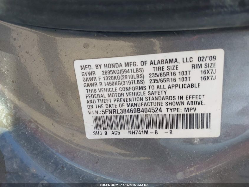 2009 Honda Odyssey Ex VIN: 5FNRL38469B404524 Lot: 43708621