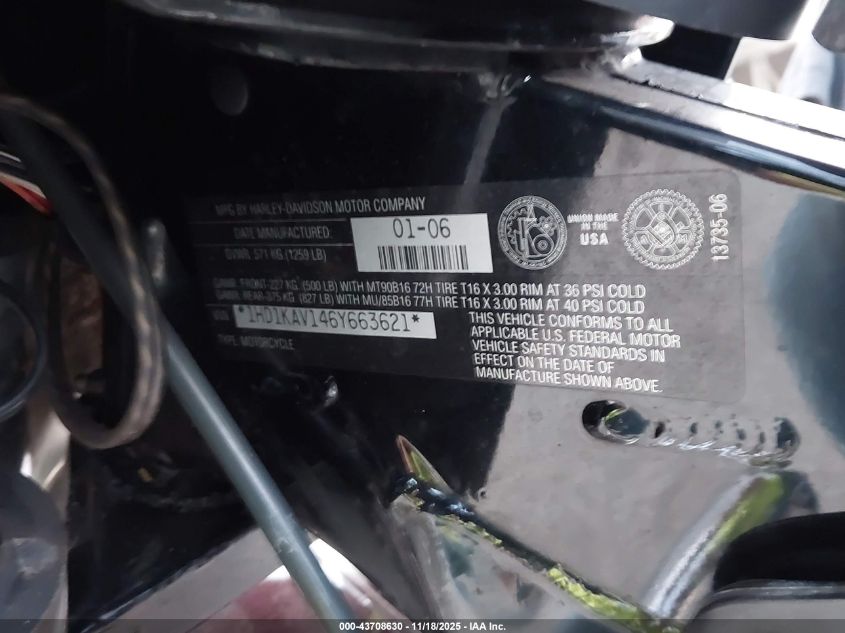 2006 Harley-Davidson Flhx VIN: 1HD1KAV146Y663621 Lot: 43708630