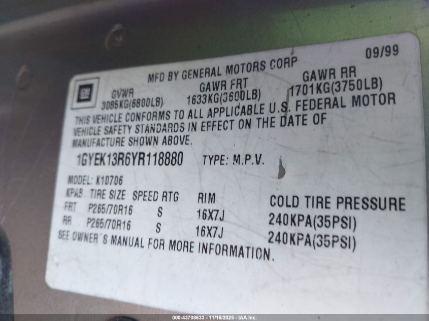 2000 Cadillac Escalade Standard VIN: 1GYEK13R6YR118880 Lot: 43708633