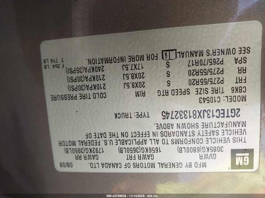 2008 GMC Sierra 1500 Sle2 VIN: 2GTEC13JX81332745 Lot: 43708638
