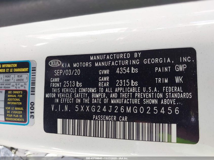 2021 Kia K5 Lx VIN: 5XXG24J26MG025456 Lot: 43708640