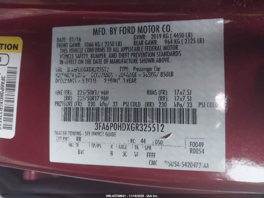 2016 Ford Fusion Se VIN: 3FA6P0HDXGR325512 Lot: 43708641