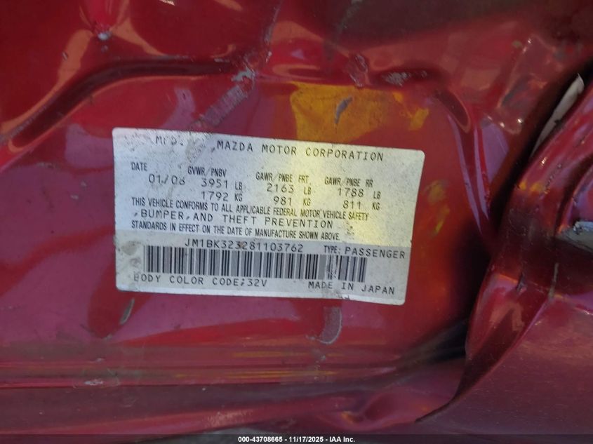 2008 Mazda Mazda3 S Sport VIN: JM1BK323281103762 Lot: 43708665