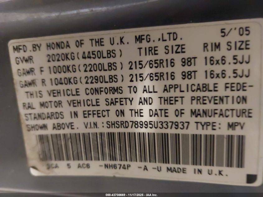 2005 Honda Cr-V Se VIN: SHSRD78995U337937 Lot: 43708669