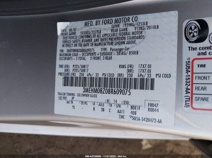 2008 Mercury Milan I4 Premier VIN: 3MEHM08Z08R609075 Lot: 43708698