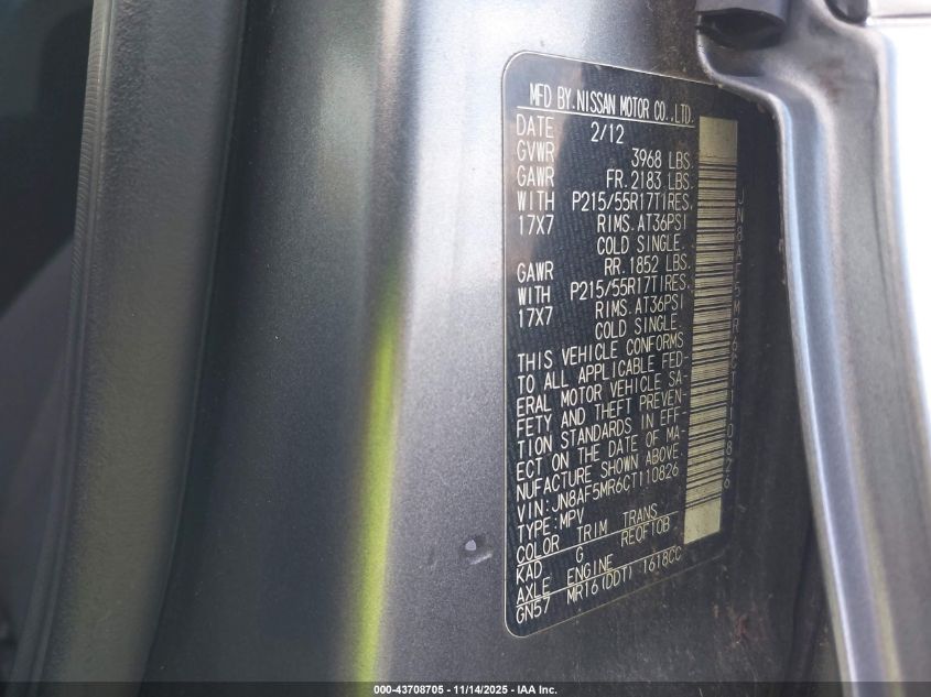 2012 Nissan Juke Sv VIN: JN8AF5MR6CT110826 Lot: 43708705