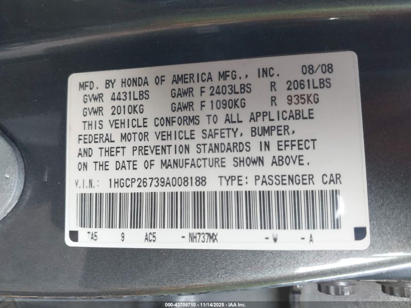 2009 Honda Accord 2.4 Ex VIN: 1HGCP26739A008188 Lot: 43708710
