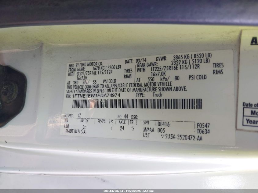 2014 Ford E-150 Commercial VIN: 1FTNE1EW1EDA74974 Lot: 43708734