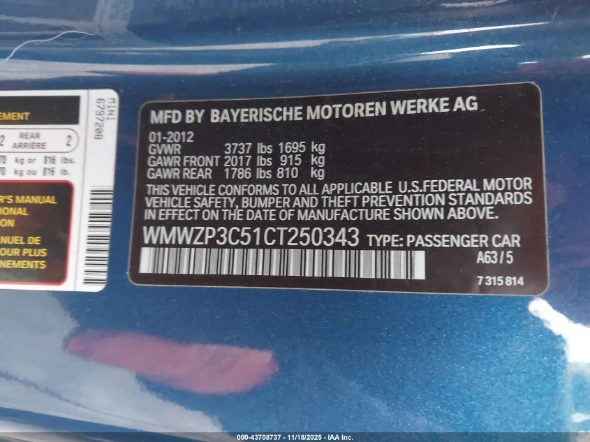 2012 Mini Cooper S VIN: WMWZP3C51CT250343 Lot: 43708737