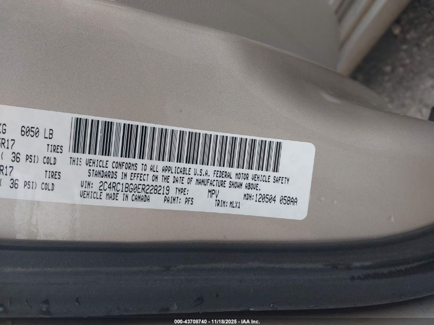 2014 Chrysler Town & Country Touring VIN: 2C4RC1BG0ER228219 Lot: 43708740