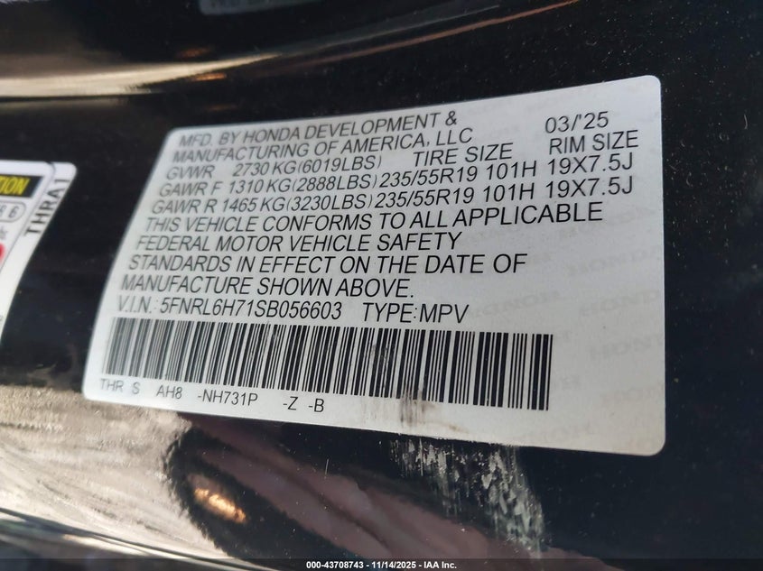 5FNRL6H71SB056603 2025 HONDA ODYSSEY photo no. 9