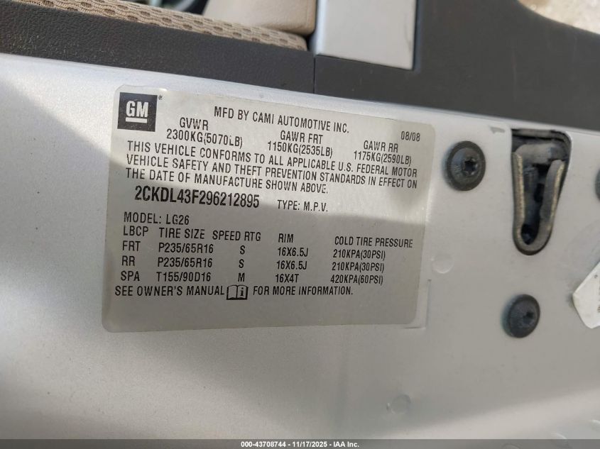 2009 Pontiac Torrent VIN: 2CKDL43F296212895 Lot: 43708744