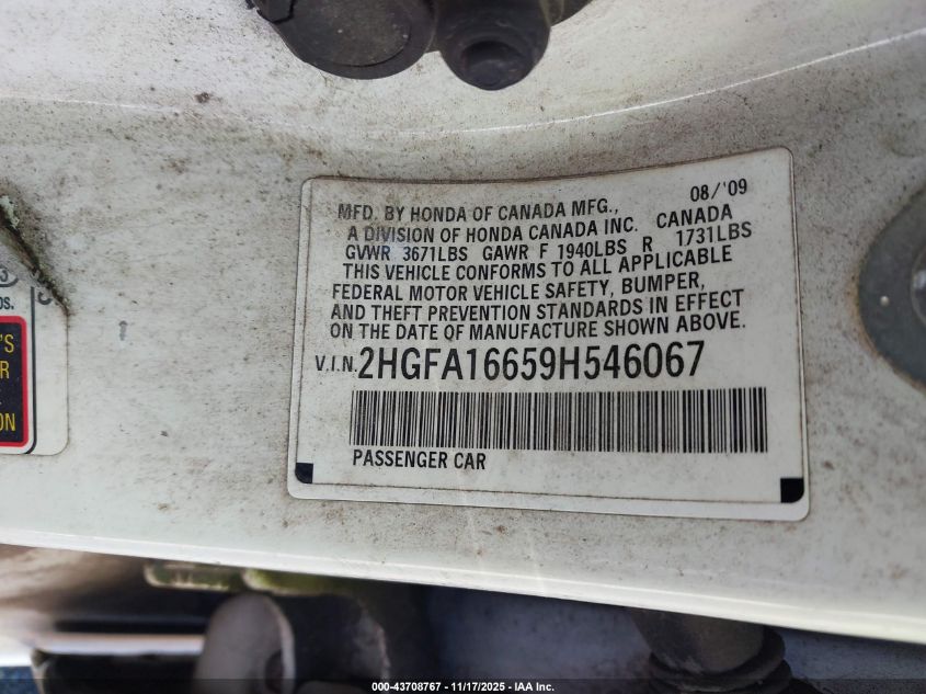 2009 Honda Civic Lx-S VIN: 2HGFA16659H546067 Lot: 43708767