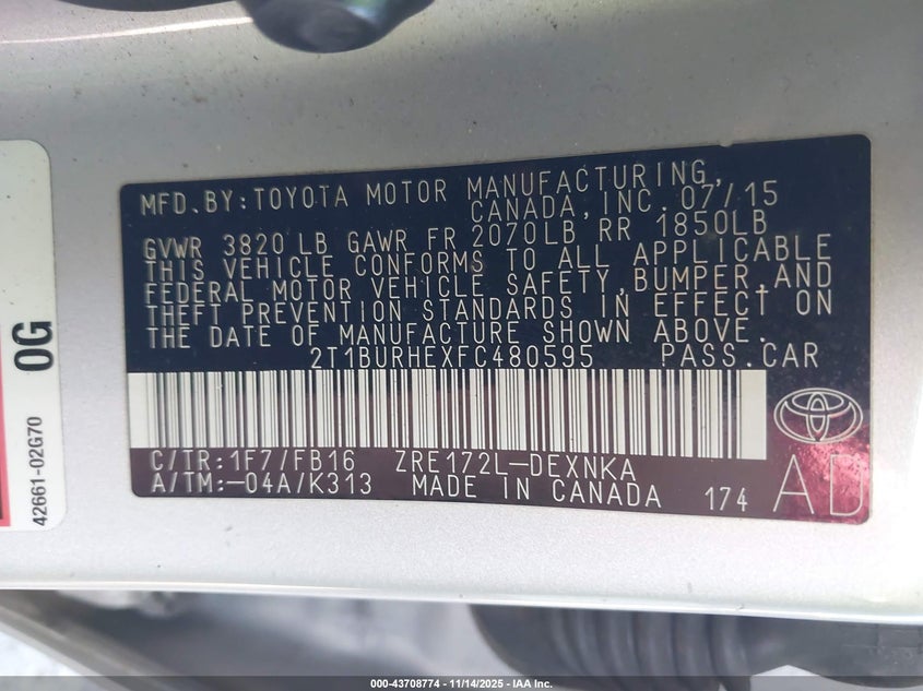 2T1BURHEXFC480595 2015 TOYOTA COROLLA photo no. 9