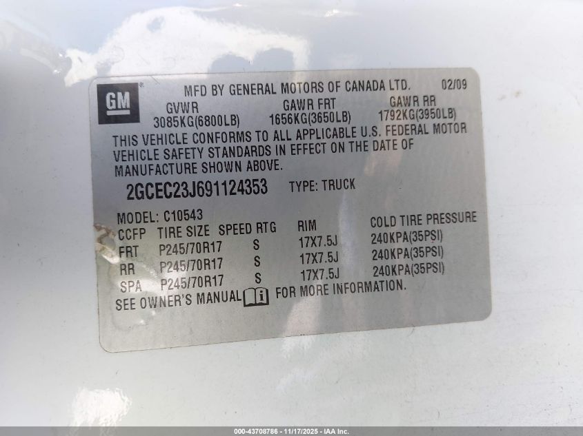 2009 Chevrolet Silverado 1500 Lt VIN: 2GCEC23J691124353 Lot: 43708786