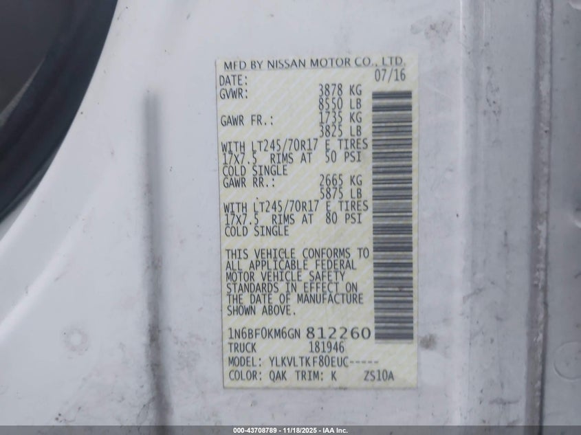 2016 Nissan Nv Cargo Nv1500 Sv V6 VIN: 1N6BF0KM6GN812260 Lot: 43708789