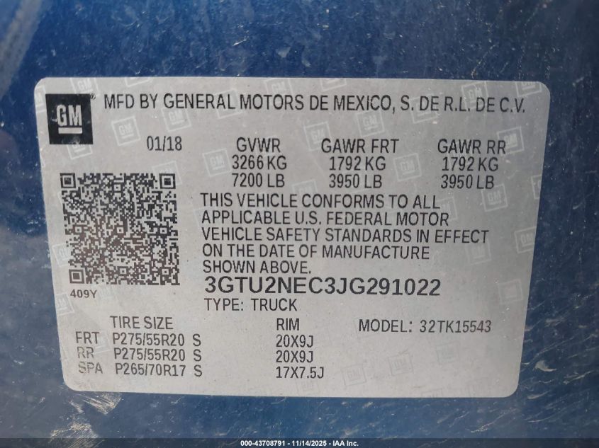 2018 GMC Sierra 1500 Slt VIN: 3GTU2NEC3JG291022 Lot: 43708791