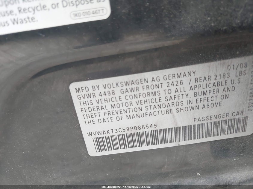 2008 Volkswagen Passat Komfort VIN: WVWAK73C58P086549 Lot: 43708822