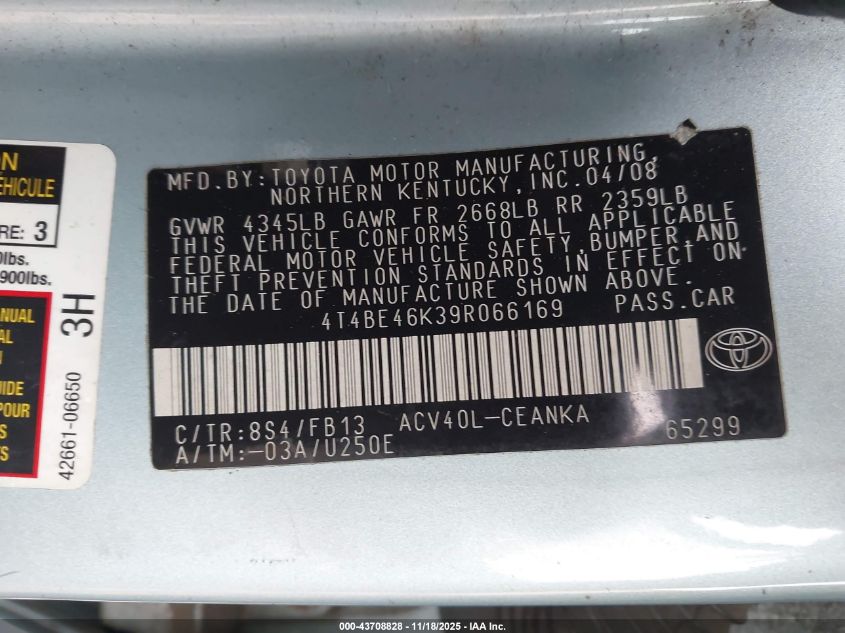 2009 Toyota Camry Le VIN: 4T4BE46K39R066169 Lot: 43708828