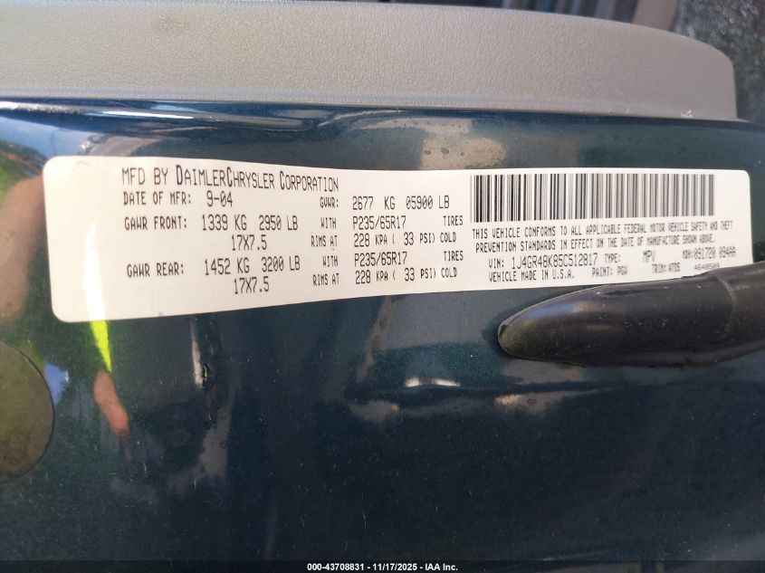 2005 Jeep Grand Cherokee Laredo VIN: 1J4GR48K85C512817 Lot: 43708831