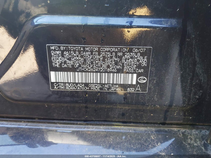 2007 Lexus Is 250 VIN: JTHCK262472018946 Lot: 43708857